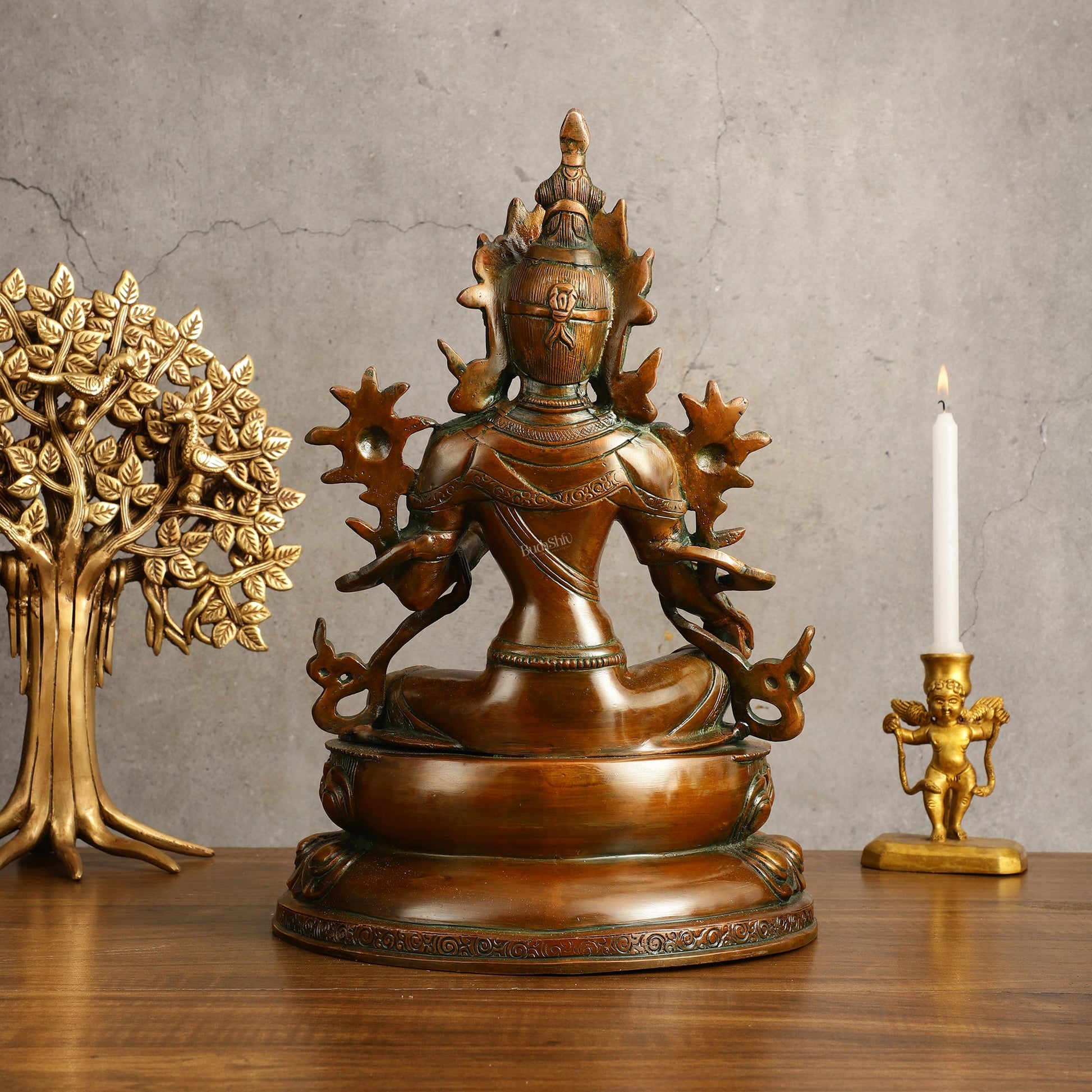 Pure Brass Green Tara Devi Statue - Nepali Orange Finish, 13" Height