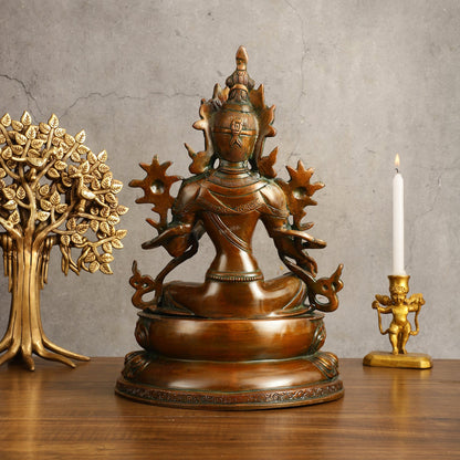 Pure Brass Green Tara Devi Statue - Nepali Orange Finish, 13" Height