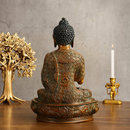 Pure Brass Buddha Statue - Antique Finish, 12" Height