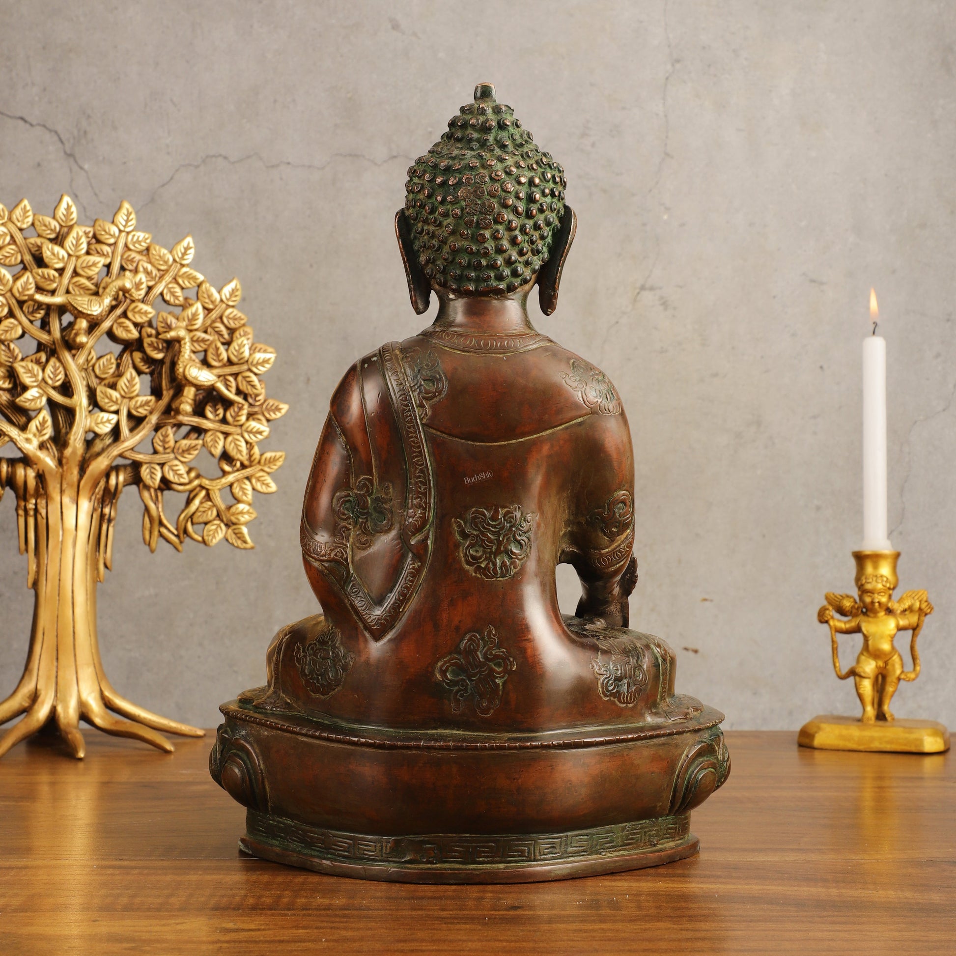 Pure Brass Medicine Buddha Antique Tone Sculpture - 12" Height