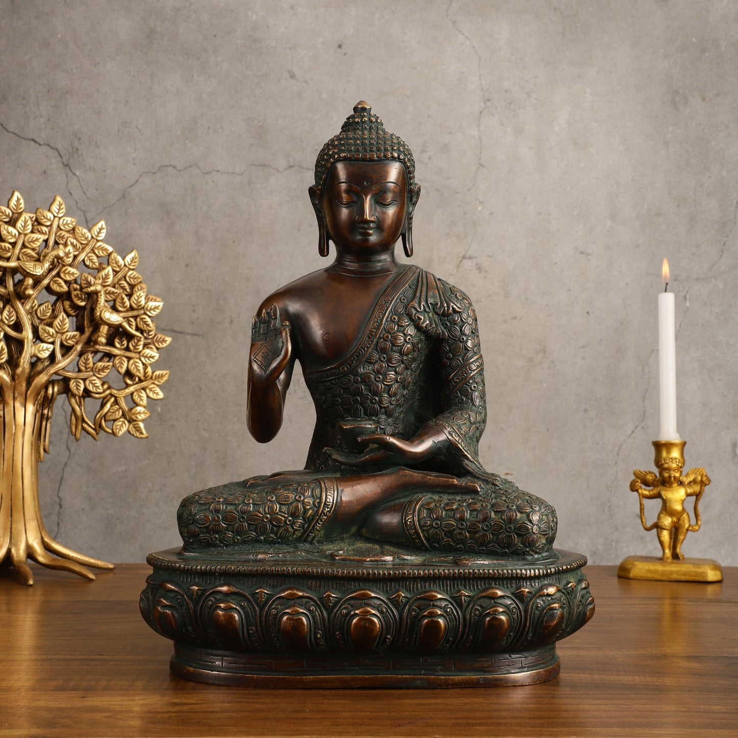 Pure Brass Antique Buddha Blessing Statue - 13.5" Height