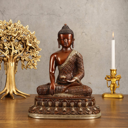 Pure Brass Buddha Hand Down Statue - Nepali brown Finish, 11" Height