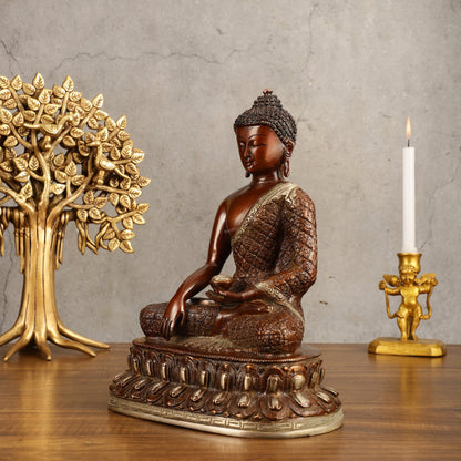 Pure Brass Buddha Hand Down Statue - Nepali brown Finish, 11" Height