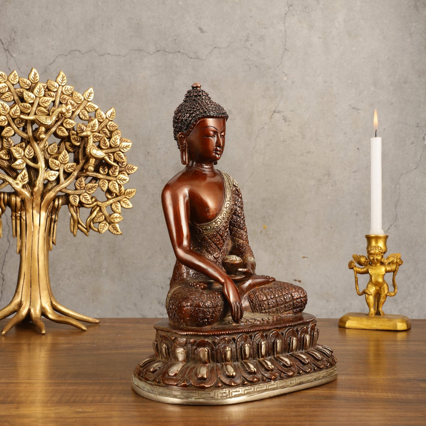 Pure Brass Buddha Hand Down Statue - Nepali brown Finish, 11" Height