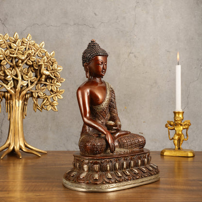 Pure Brass Buddha Hand Down Statue - Nepali brown Finish, 11" Height