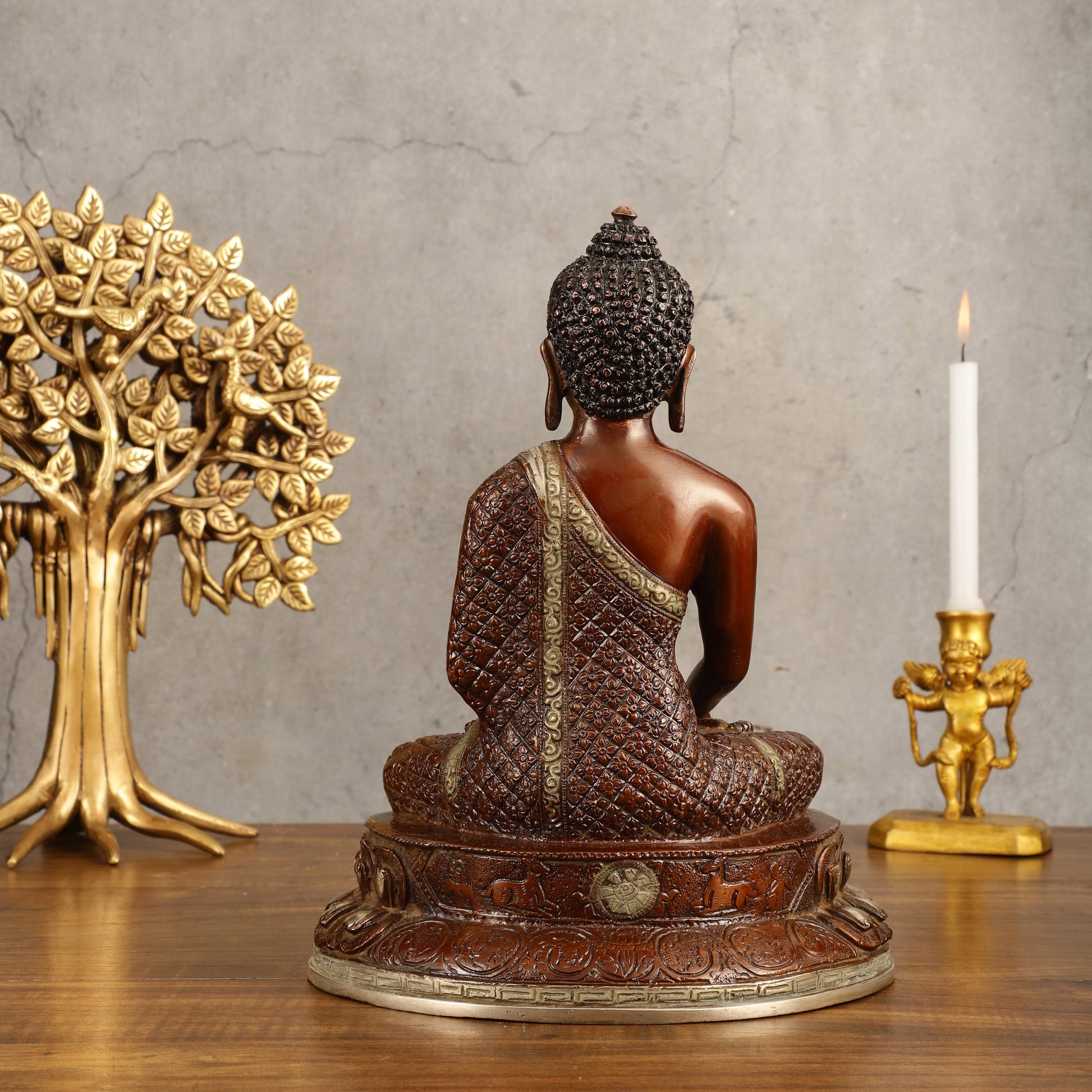 Pure Brass Buddha Hand Down Statue - Nepali brown Finish, 11" Height