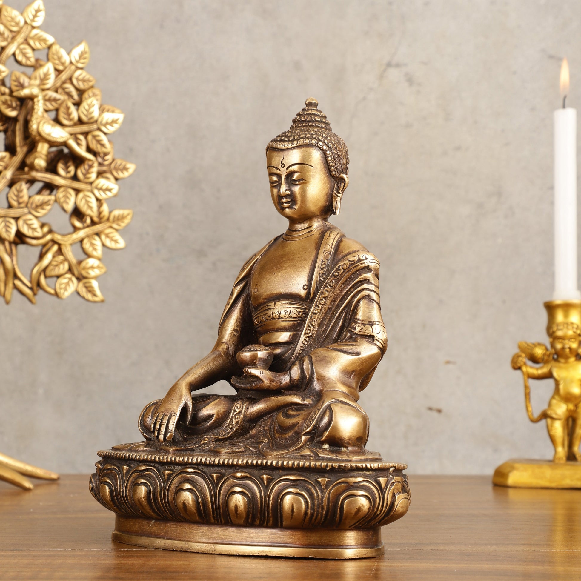 Pure Brass Buddha Statue - Antique burnt finish, 8" Height