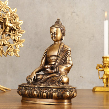 Pure Brass Buddha Statue - Antique burnt finish, 8" Height