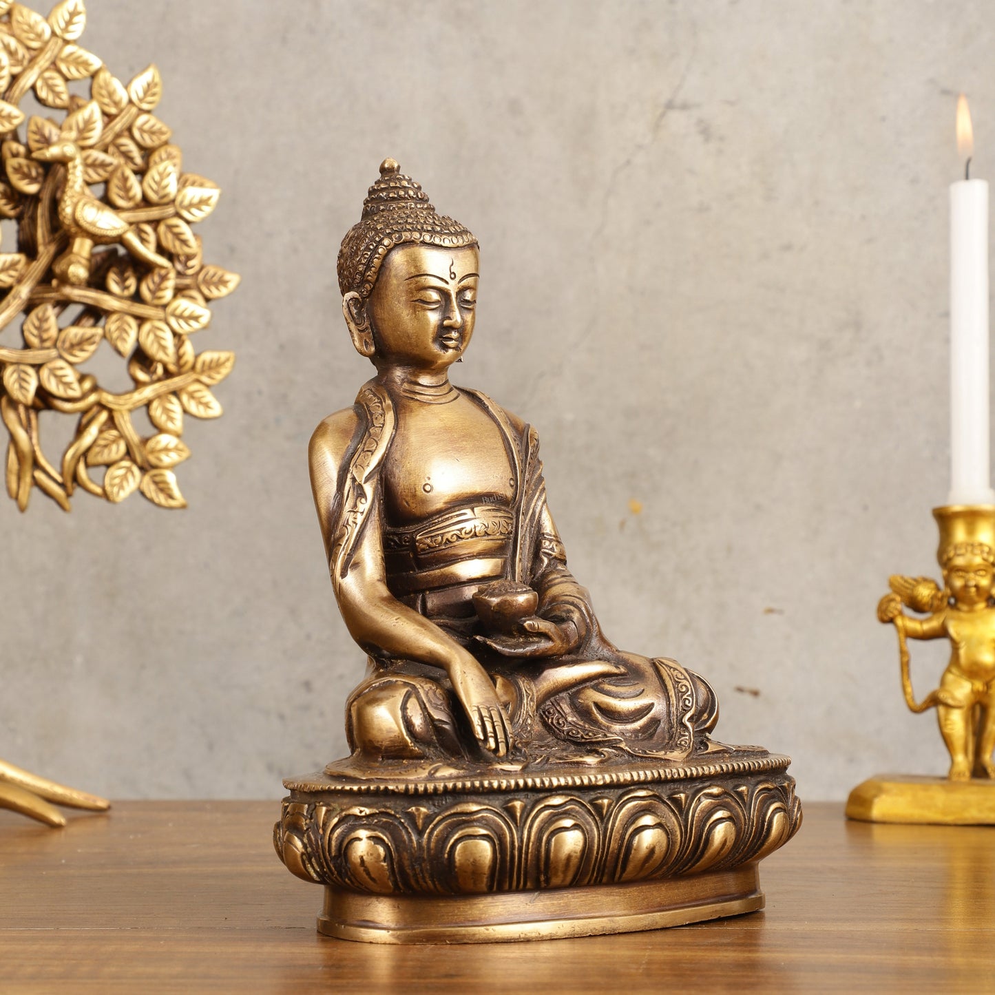 Pure Brass Buddha Statue - Antique burnt finish, 8" Height