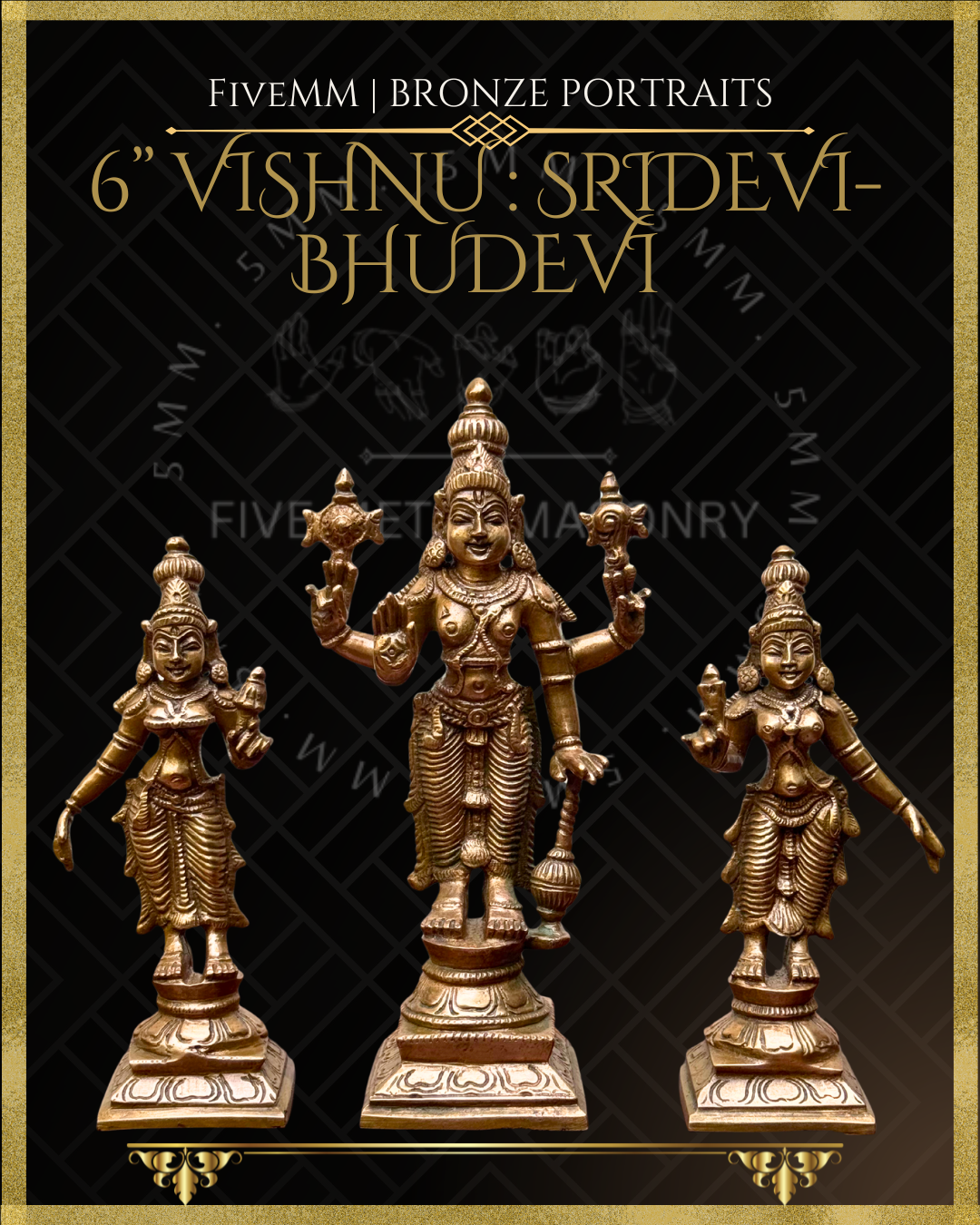 Vishnu with Sridevi and Bhudevi Panchaloha Bronze Icon Set - 6"