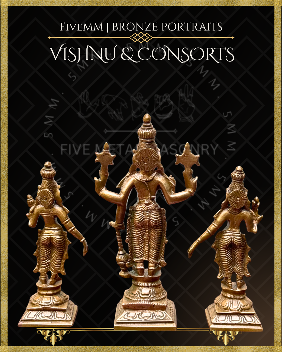 Vishnu with Sridevi and Bhudevi Panchaloha Bronze Icon Set - 6"