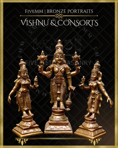 Vishnu with Sridevi and Bhudevi Panchaloha Bronze Icon Set - 6"