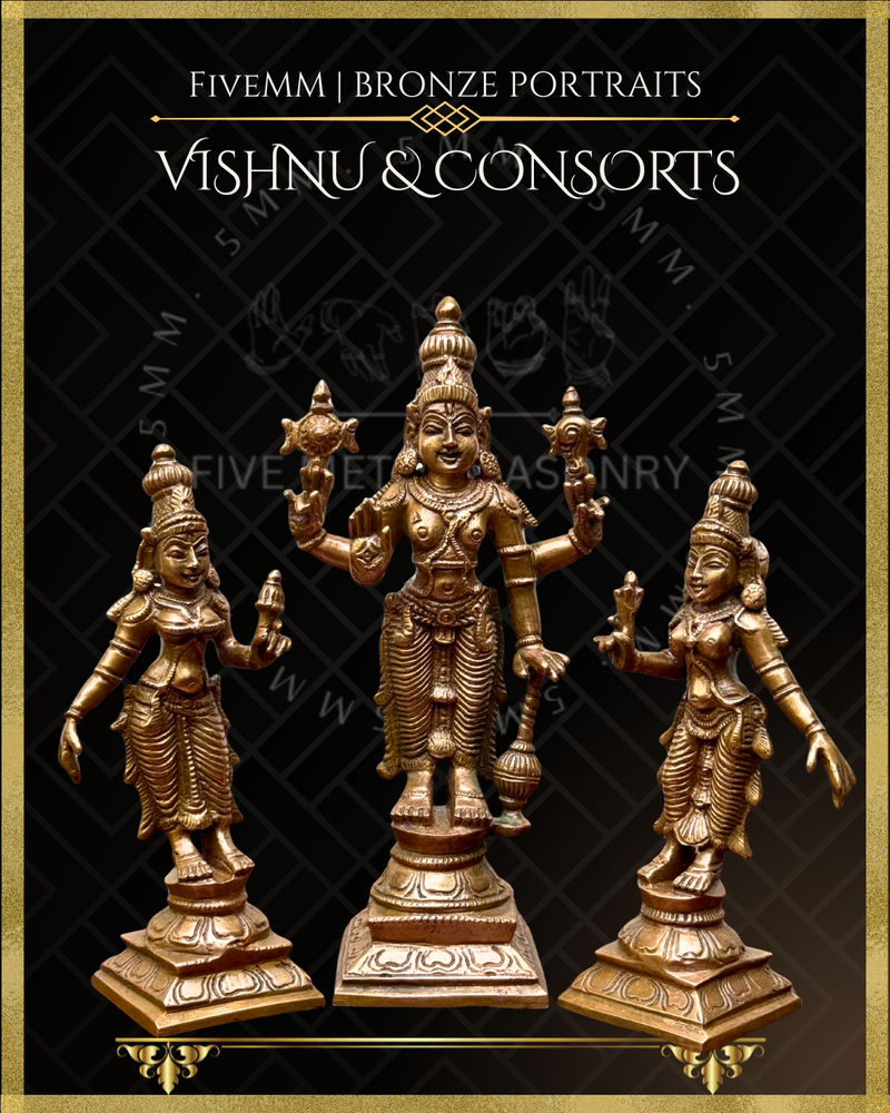 Vishnu with Sridevi and Bhudevi Panchaloha Bronze Icon Set - 6"
