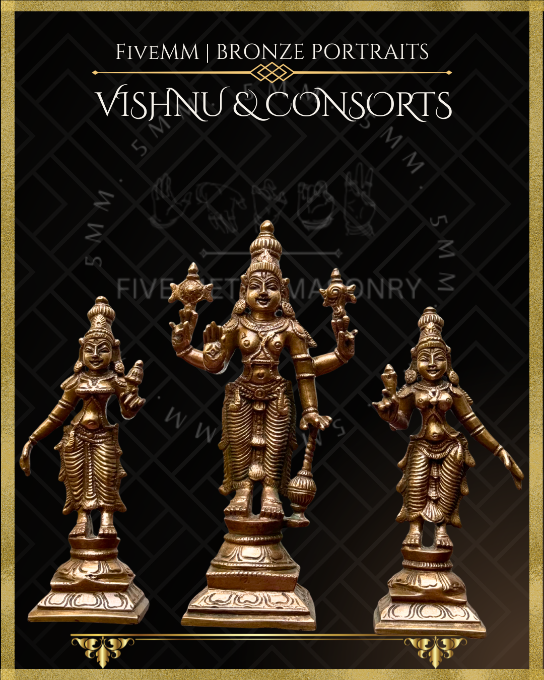 Vishnu with Sridevi and Bhudevi Panchaloha Bronze Icon Set - 6"