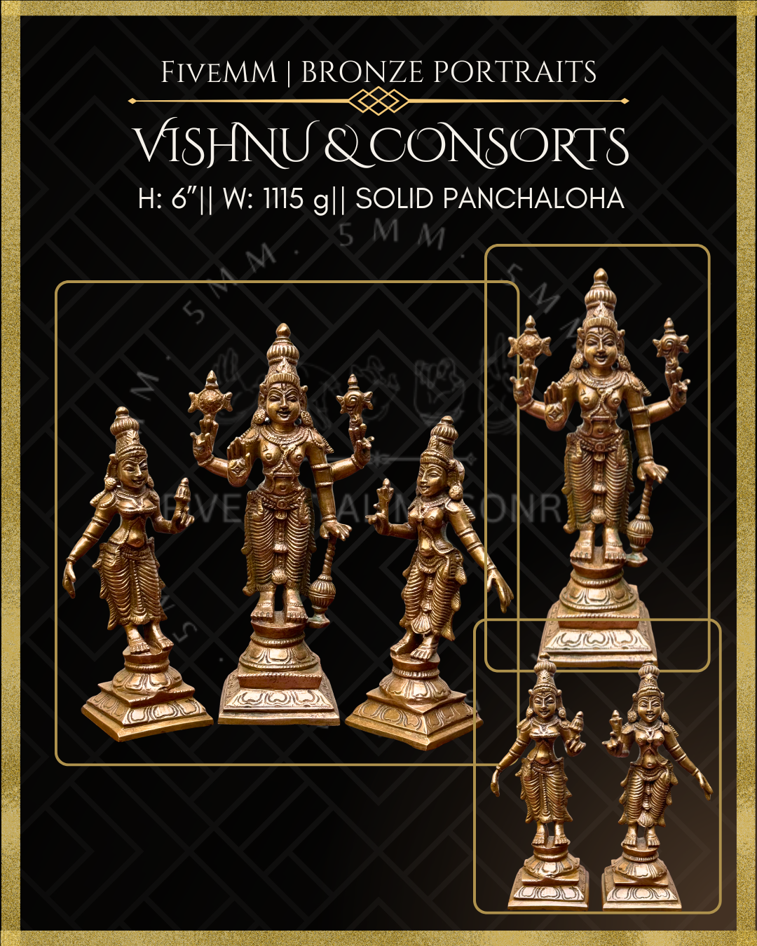 Vishnu with Sridevi and Bhudevi Panchaloha Bronze Icon Set - 6"