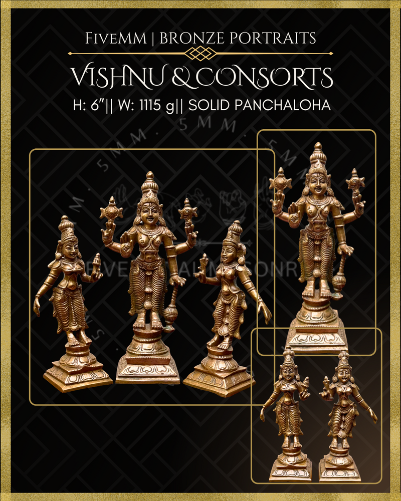Vishnu with Sridevi and Bhudevi Panchaloha Bronze Icon Set - 6"