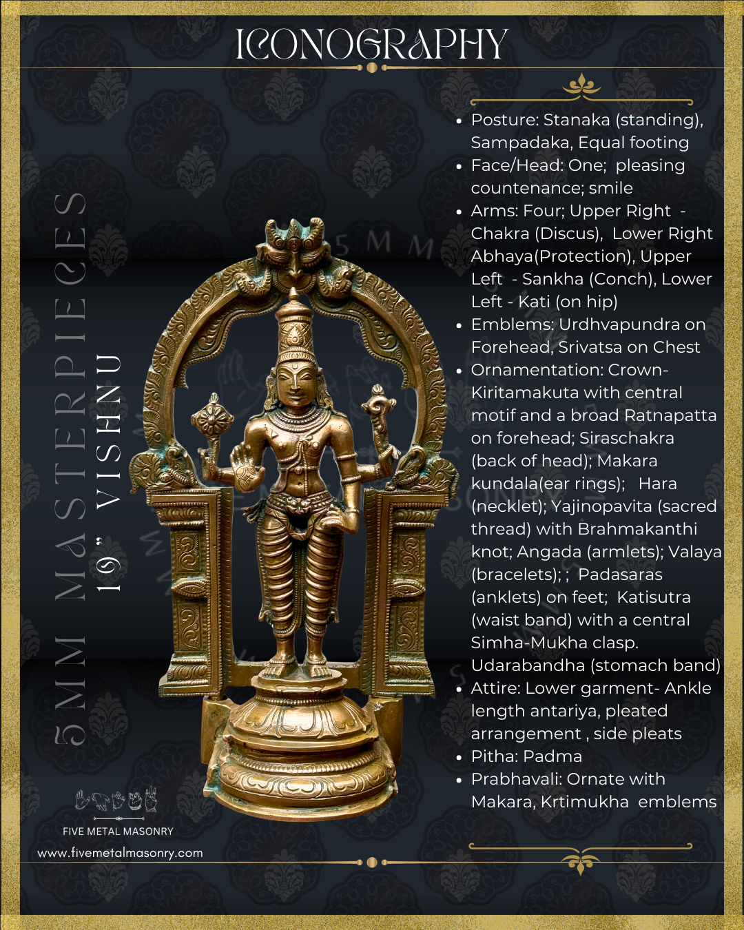 Vishnu Panchaloha Bronze Icon - 10" with arch-  Masterpieces Collection