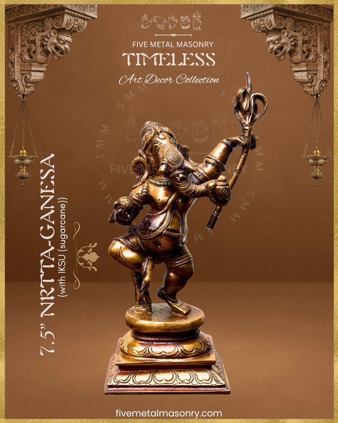 Dancing Ganesha (Sugarcane) Panchaloha Bronze Icon - 7.5"- Timeless Collection