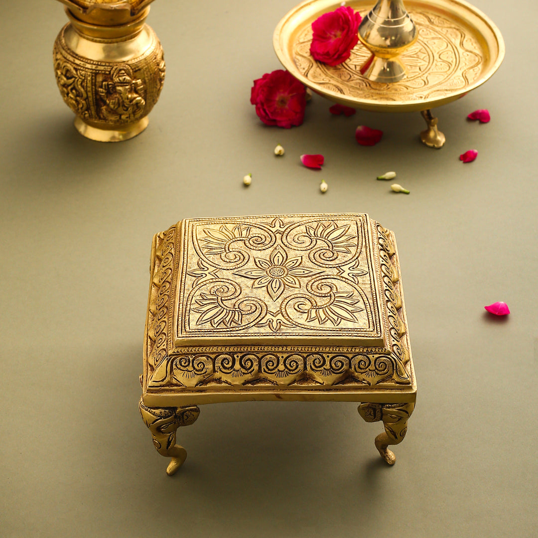 Brass Chowki With Elephant Pillars (4.2 Inch)