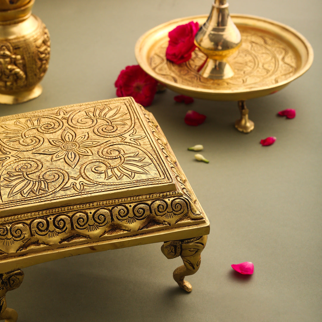 Brass Chowki With Elephant Pillars (4.2 Inch)