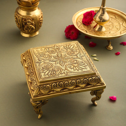 Brass Chowki With Elephant Pillars (4.2 Inch)