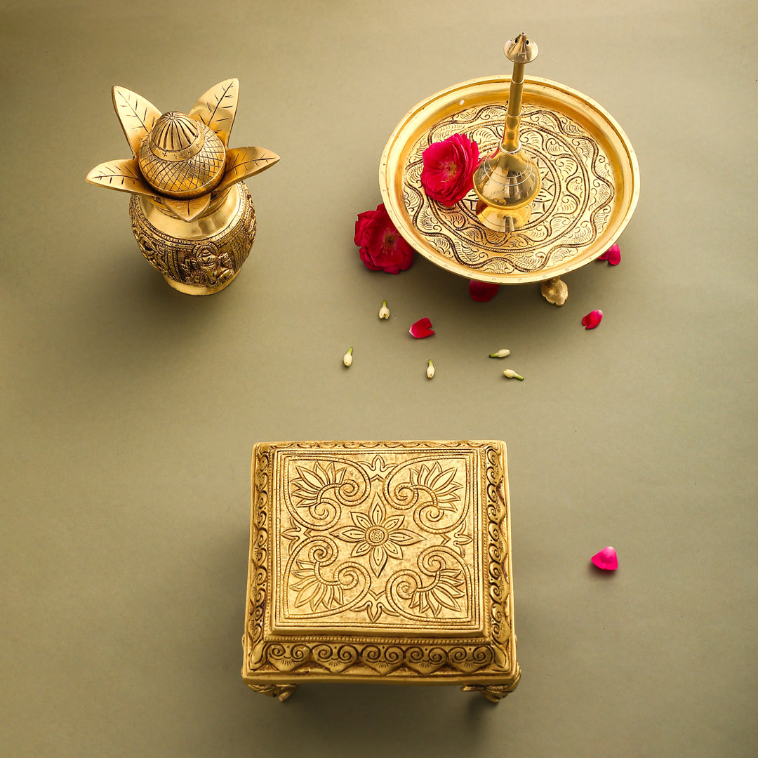 Brass Chowki With Elephant Pillars (4.2 Inch)