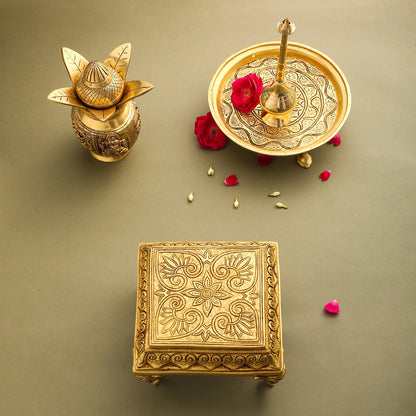 Brass Chowki With Elephant Pillars (4.2 Inch)