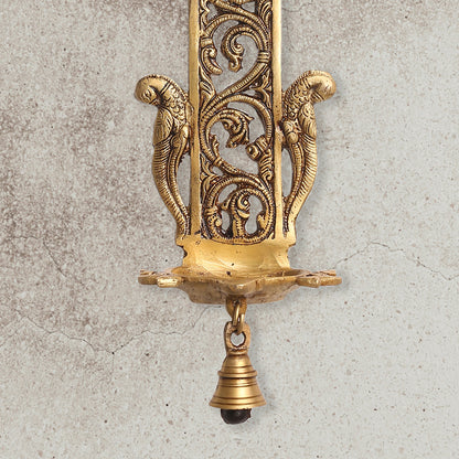 Brass Peacock Hanging Diya With Bell (13 Inch)