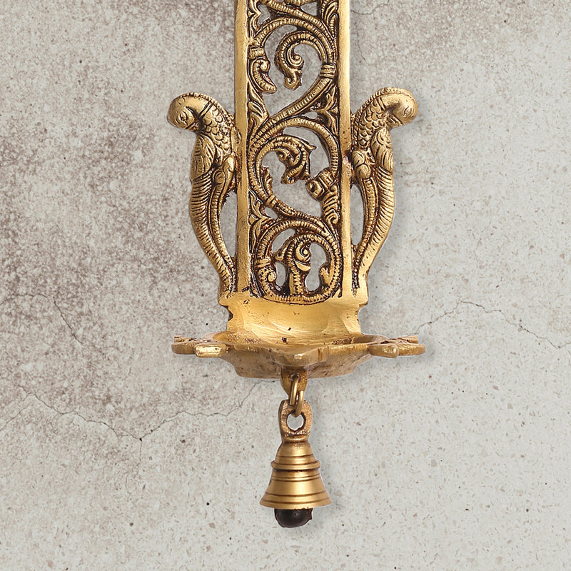 Brass Peacock Hanging Diya With Bell (13 Inch)