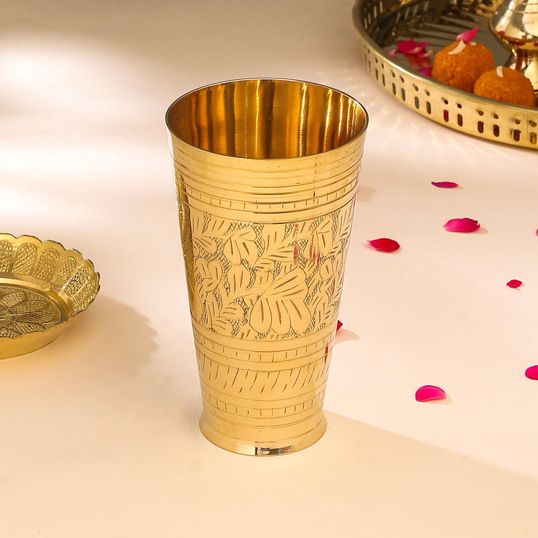 Brass Lassi Glass And Plate Set