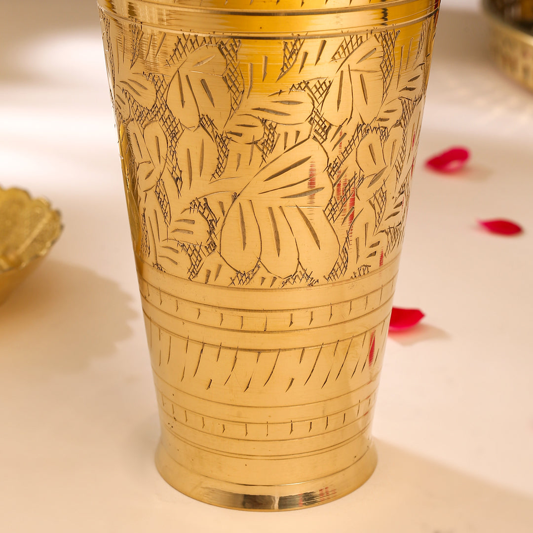 Brass Lassi Glass And Plate Set