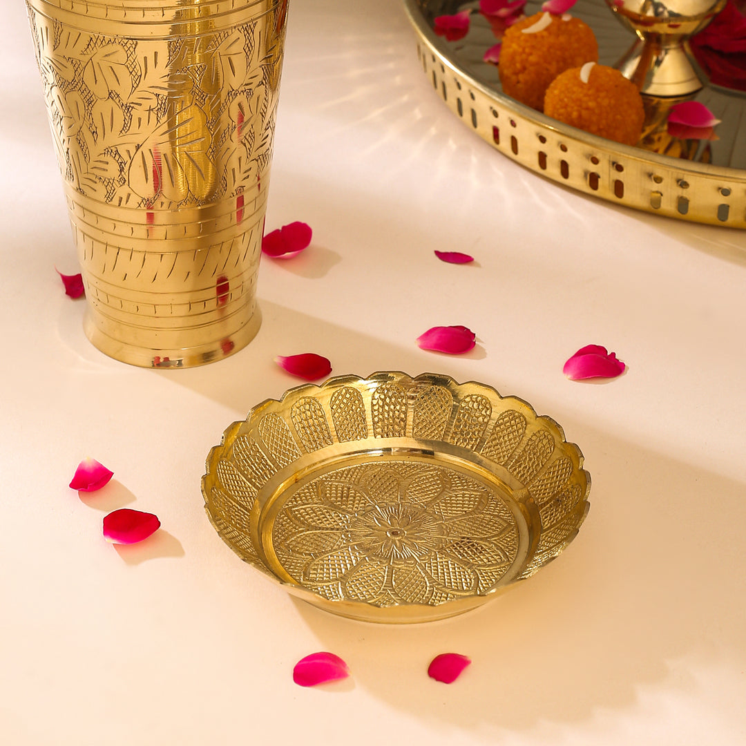 Brass Lassi Glass And Plate Set
