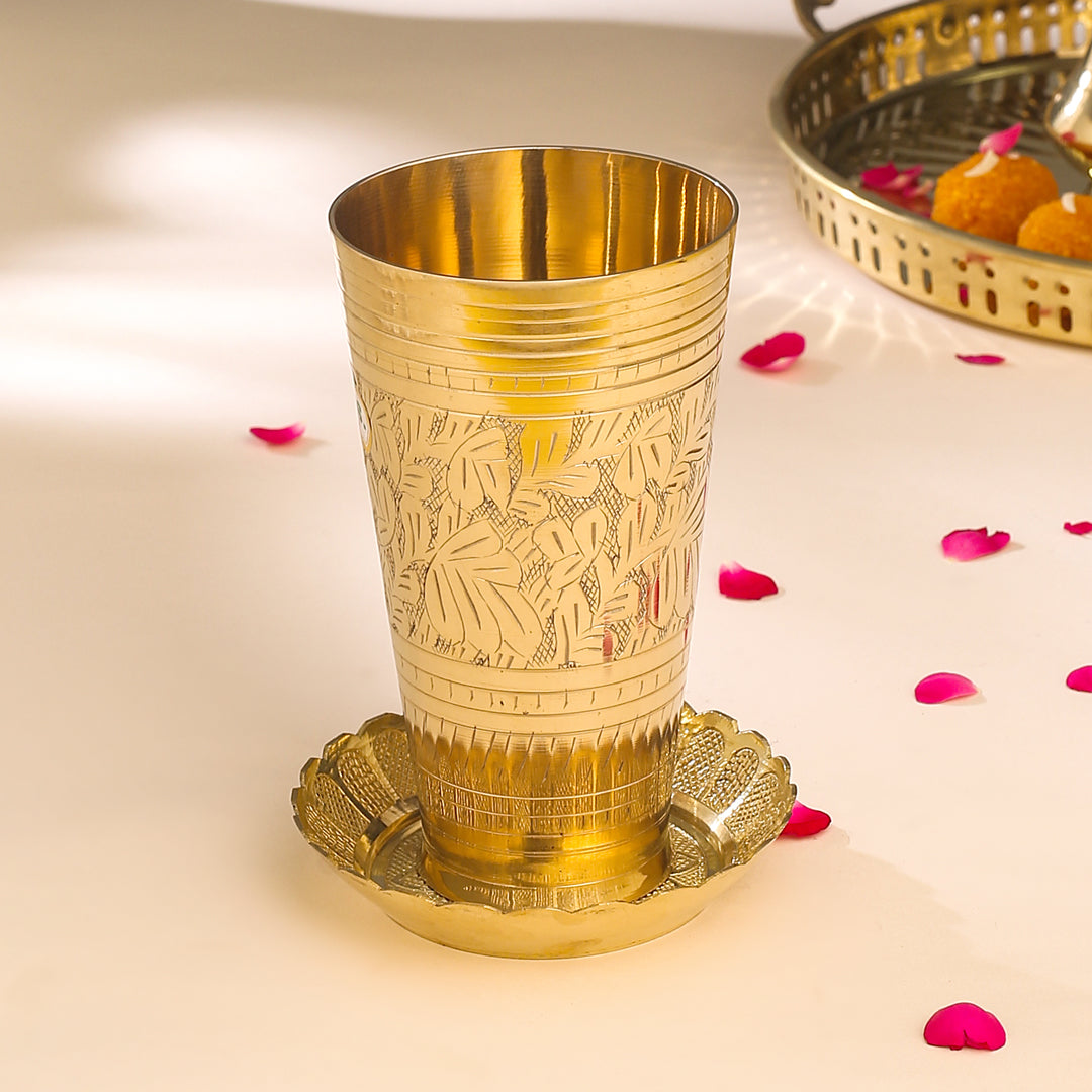 Brass Lassi Glass And Plate Set