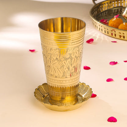Brass Lassi Glass And Plate Set