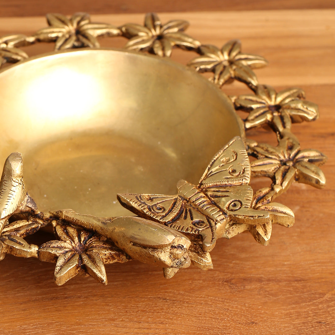 Brass Designer Flower And Butterfly Urli (3 Inch)