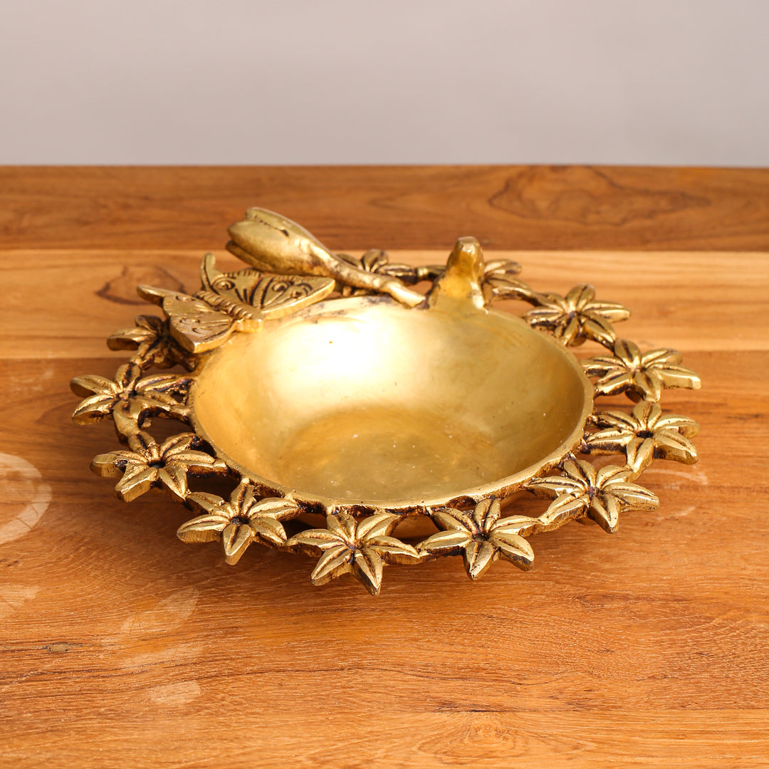 Brass Designer Flower And Butterfly Urli (3 Inch)