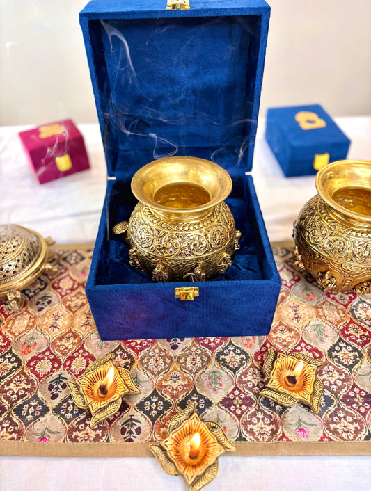 Brass Handcrafted Kalash with Velvet Box – Ashtalakshmi & Dashavatar
