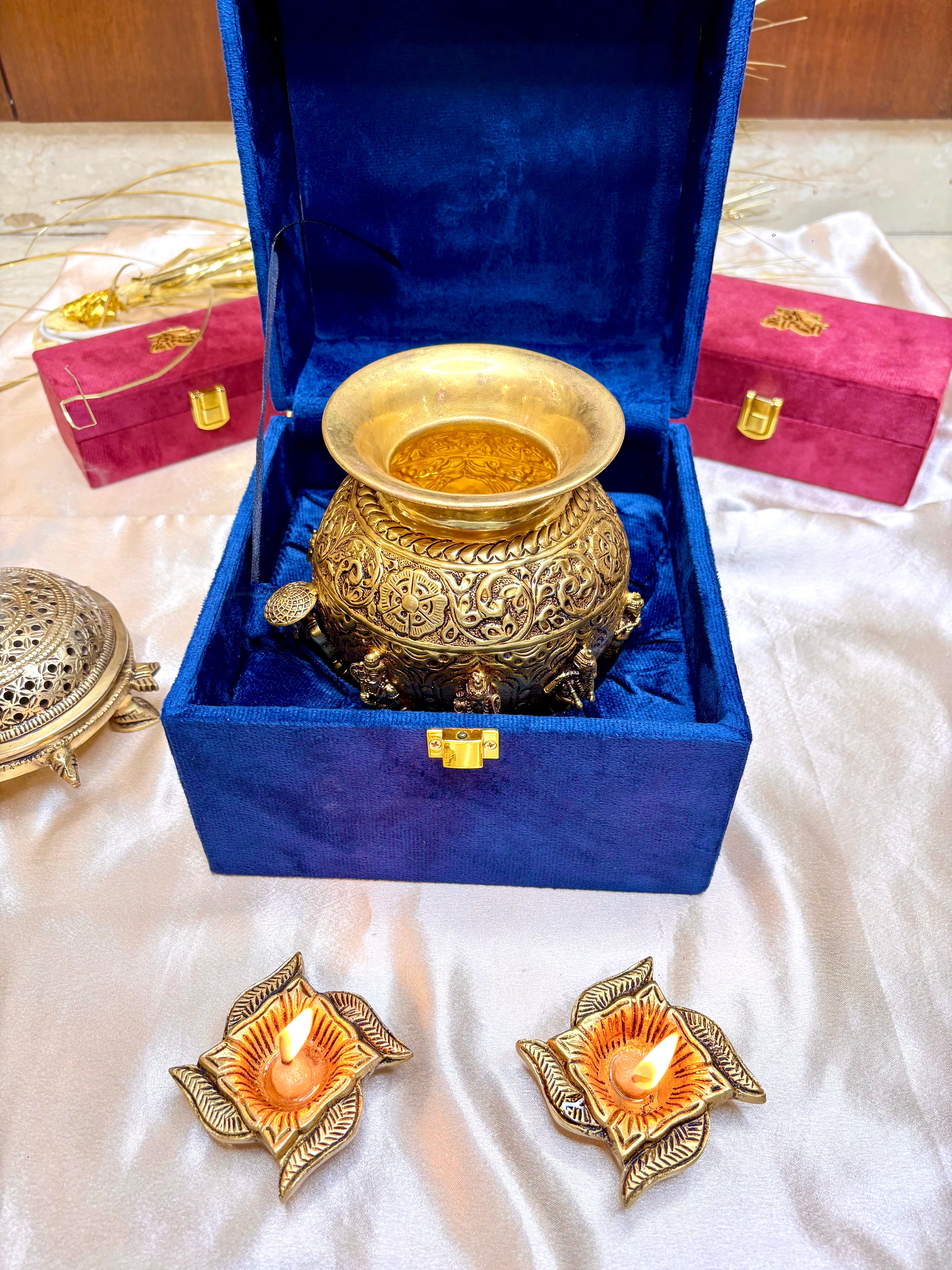 Brass Handcrafted Kalash with Velvet Box – Ashtalakshmi & Dashavatar