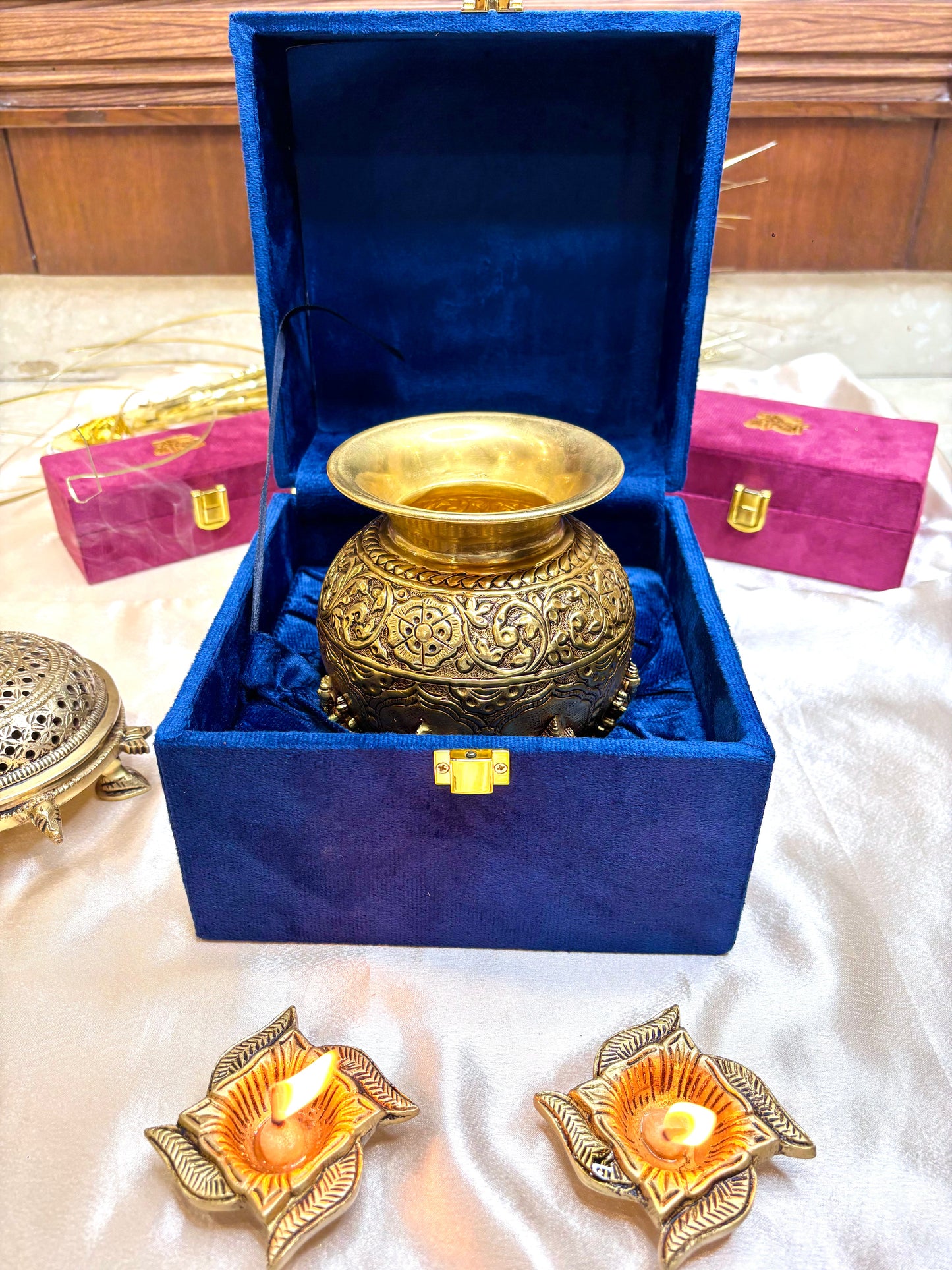 Brass Handcrafted Kalash with Velvet Box – Ashtalakshmi & Dashavatar