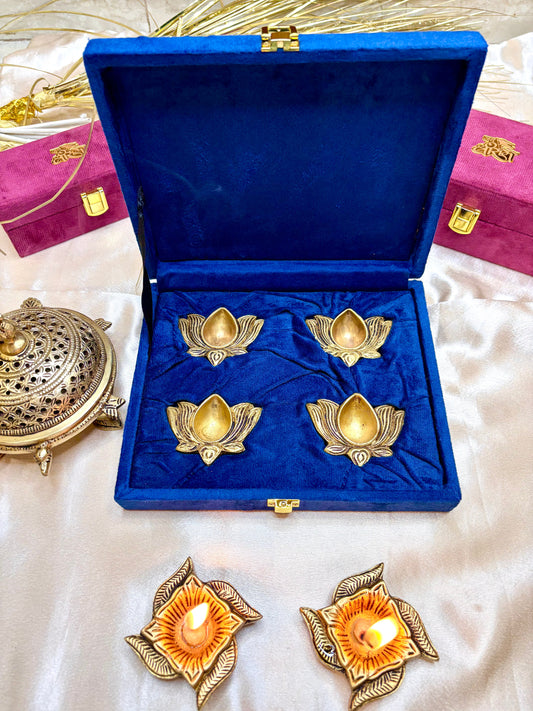 Brass Lotus Flower Diya Set of 4 with Velvet Gift Box (0.8 Inch)