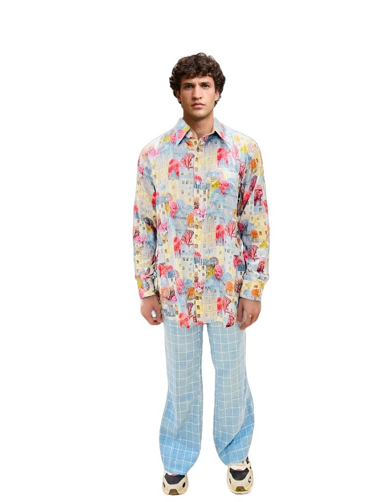 Relaxed Fit Blue Formal Men Shirt Retro Men