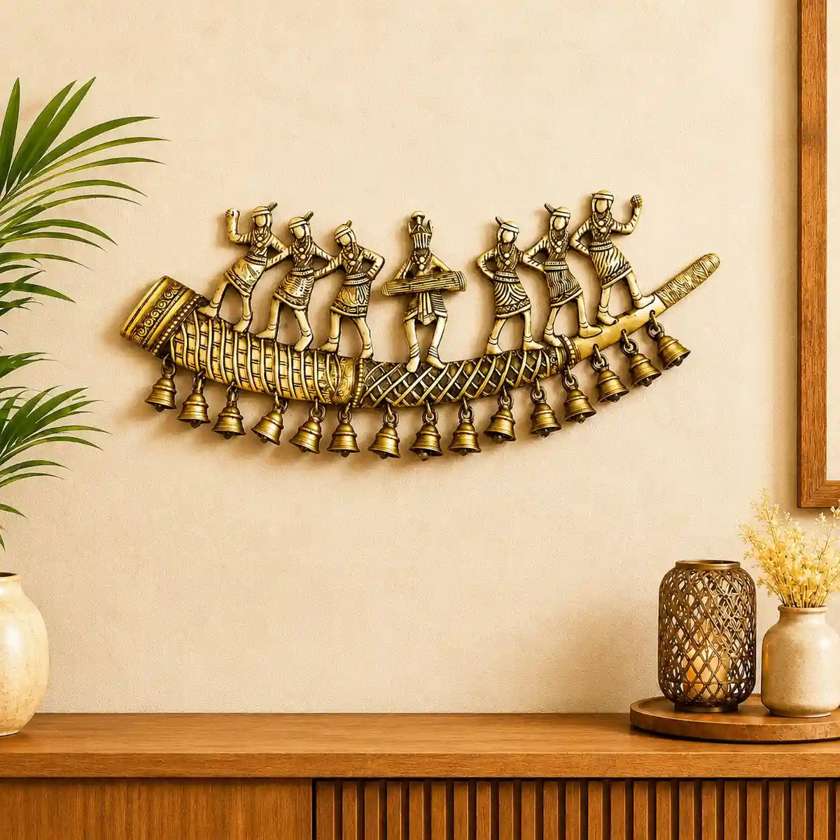 Brass Tribal Folk Dancers On Shehnai With Bell Wall Hanging (8 Inch)