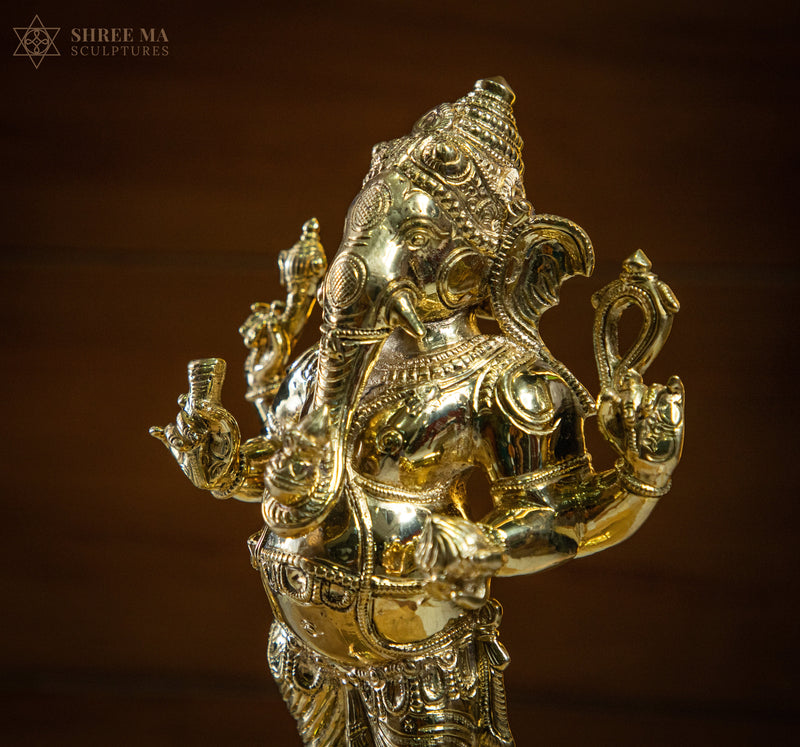 Standing Ganesha 13-Inch Panchaloha Bronze Idol – Handmade Natural-Finish Sculpture