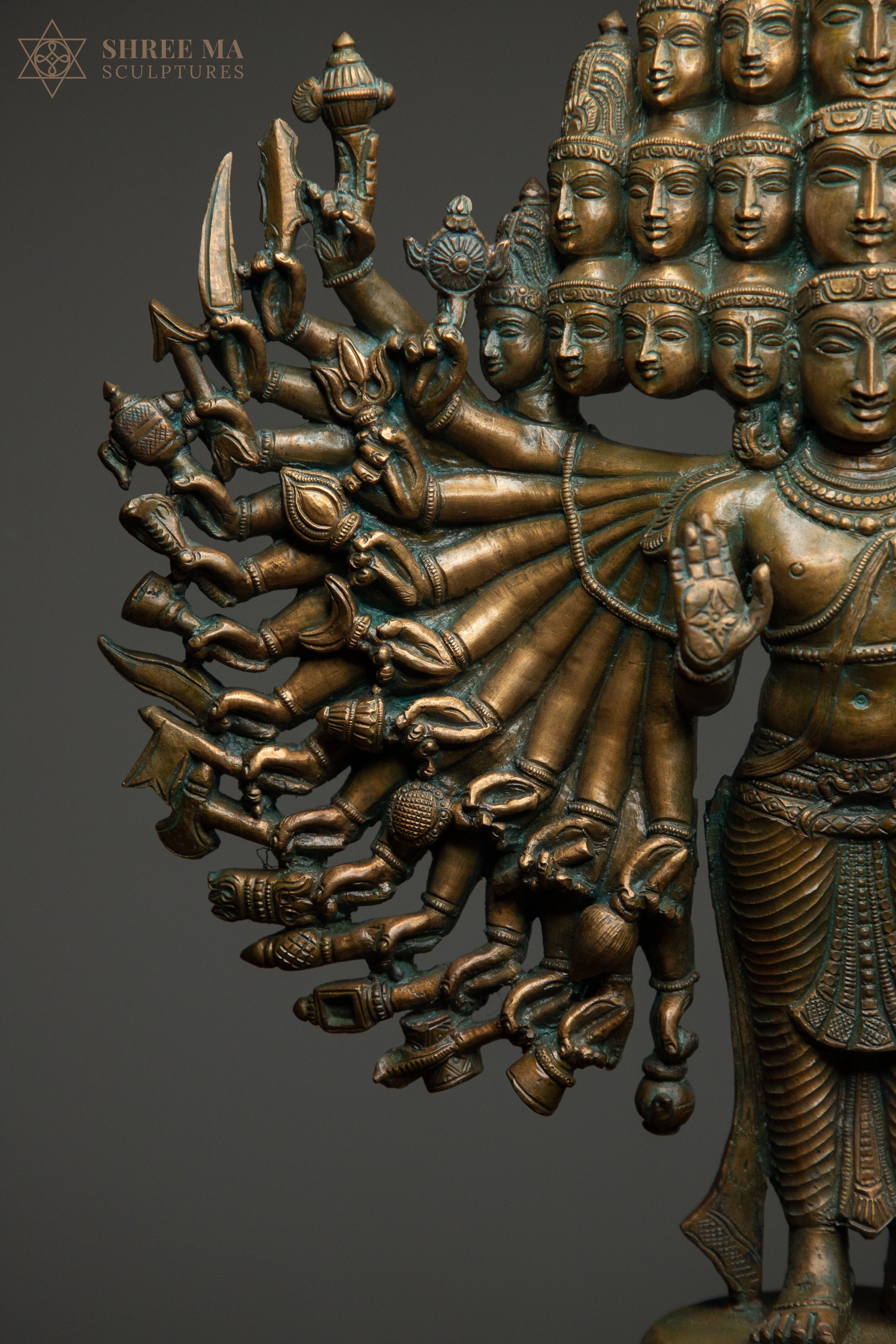 Sadashiva 20" Panchaloha Sculpture | 25 Heads, 50 Hands | Antique Finish | A Mystical Symphony in Bronze