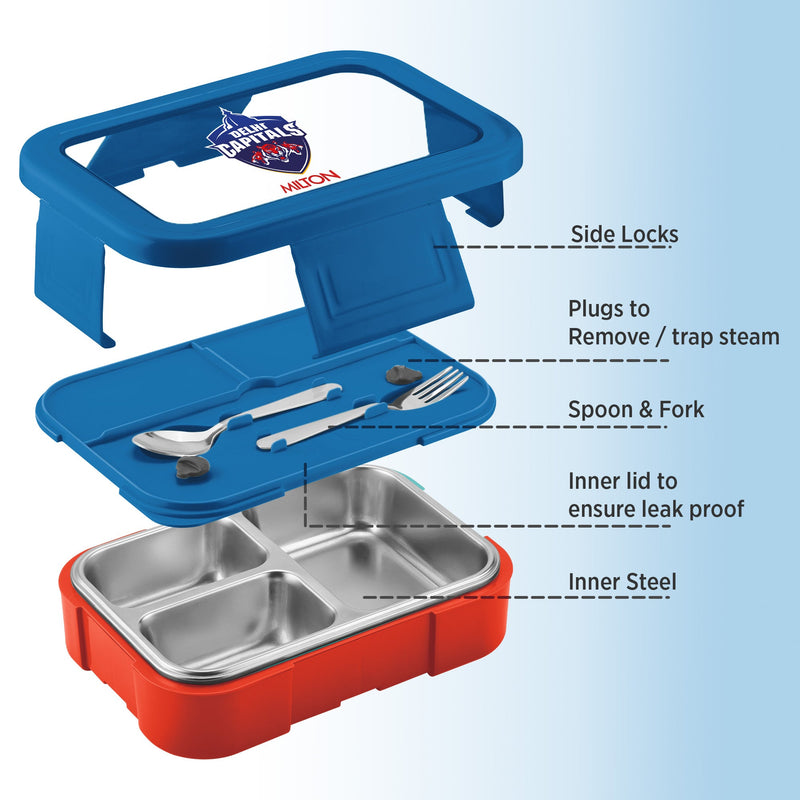 Sports Ethan 3 UV Printing Steel Thermoware Lunchbox - Delhi Capitals (DC) - Milton