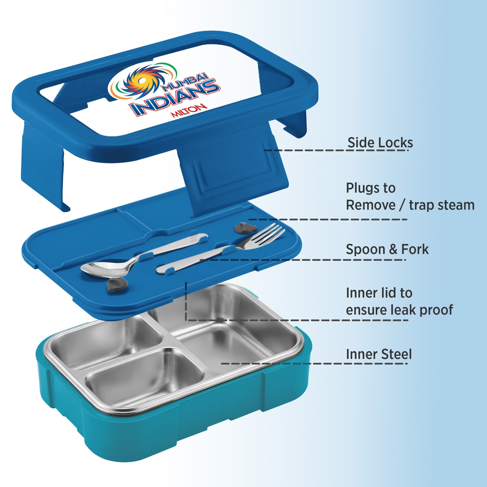 Sports Ethan 3 UV Printing Steel Thermoware Lunchbox - Mumbai Indians (MI) - Milton