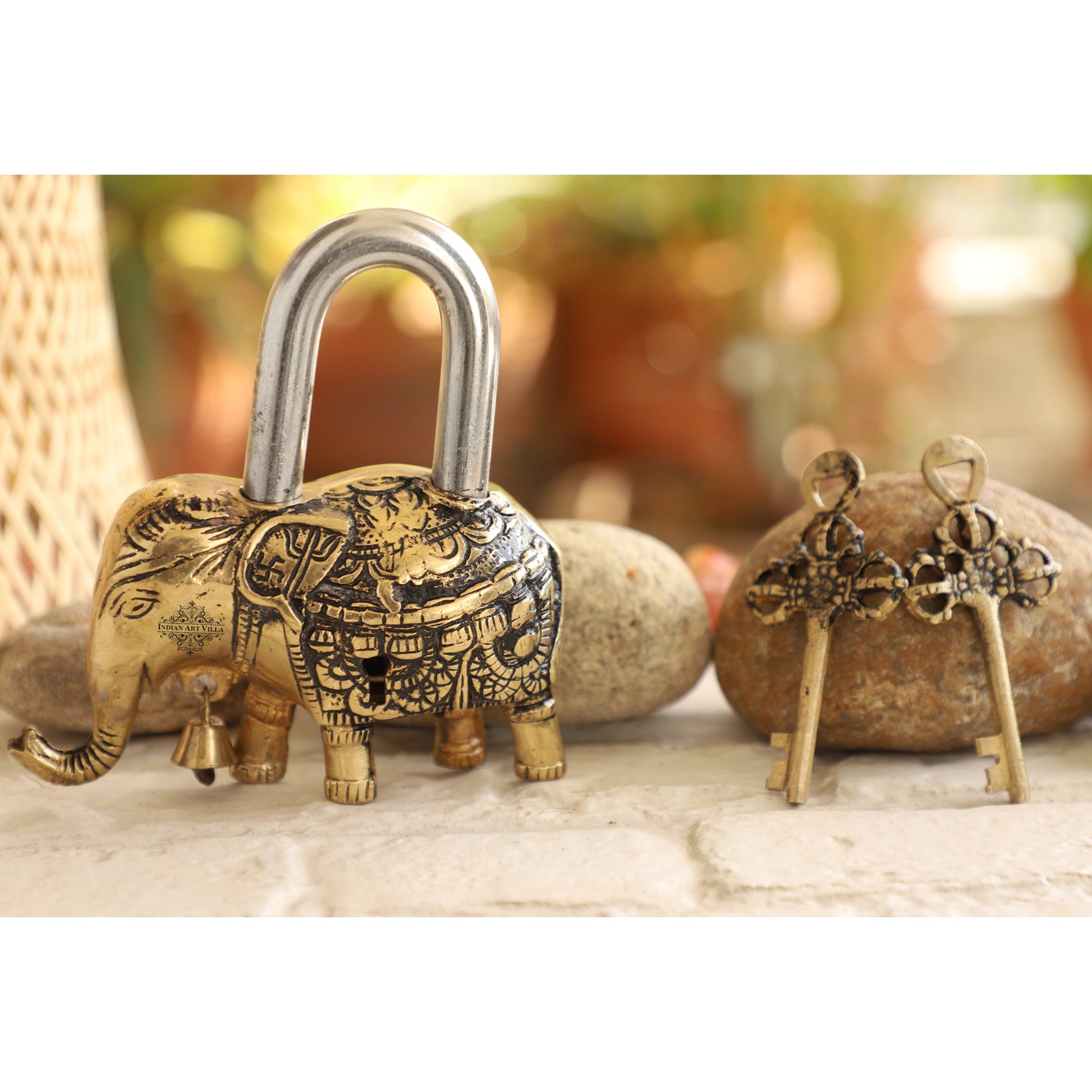 Handmade Old Vintage Style Antique Elephant Shape Brass Security Lock with 2 Keys|Home Temple Office