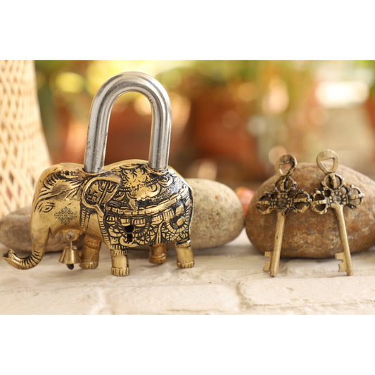 Handmade Old Vintage Style Antique Elephant Shape Brass Security Lock with 2 Keys|Home Temple Office