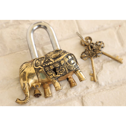 Handmade Old Vintage Style Antique Elephant Shape Brass Security Lock with 2 Keys|Home Temple Office