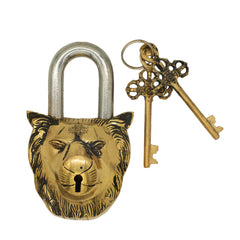 Handmade Old Vintage Style Antique Lion Face Shape Brass Security Lock with 2 Keys|Home Temple Office